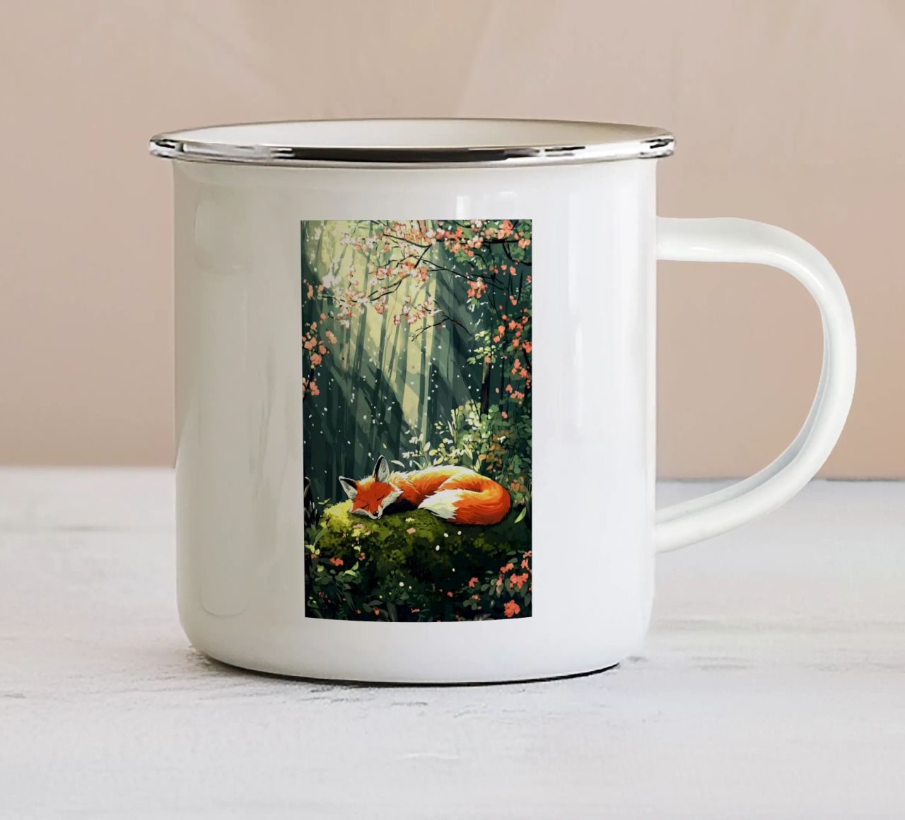 Volpe addormentata nel bosco di primavera tazza in smalto da pixelbull - medieval art and more