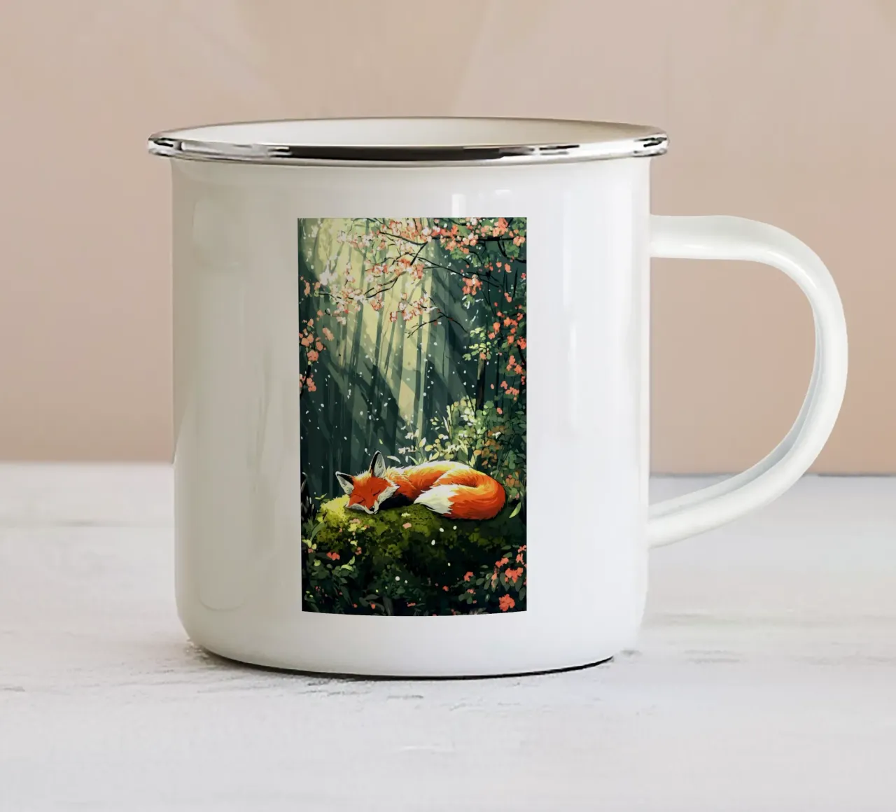Volpe addormentata nel bosco di primavera tazza in smalto da pixelbull - medieval art and more