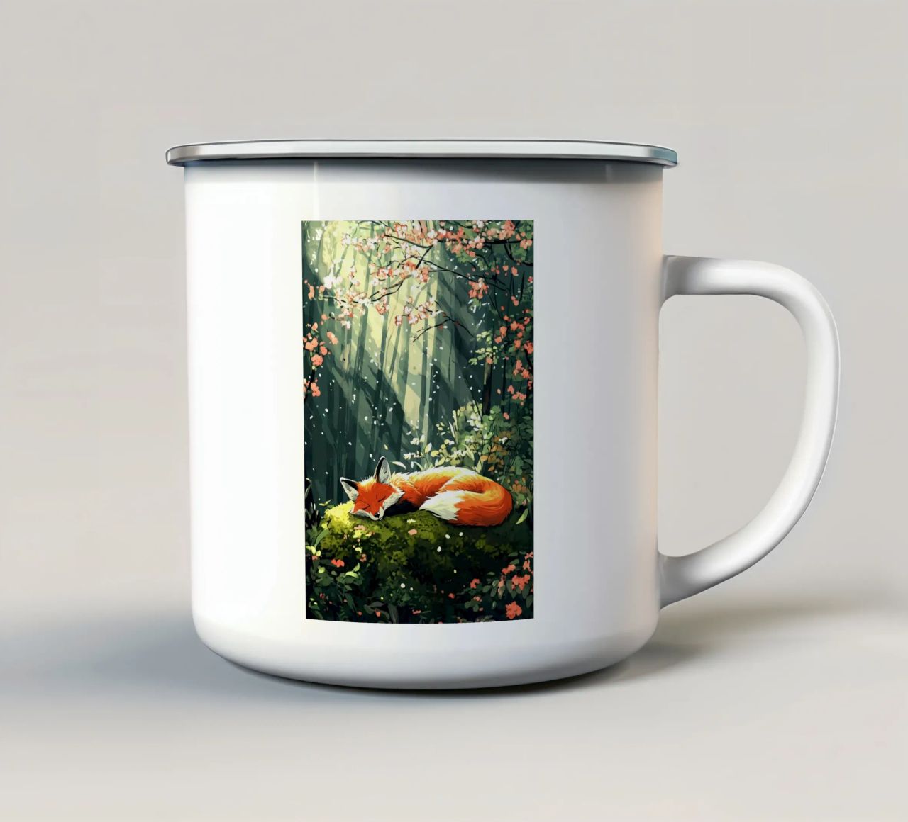 Volpe addormentata nel bosco di primavera tazza in smalto da pixelbull - medieval art and more