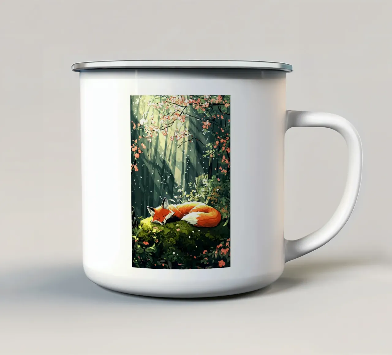 Volpe addormentata nel bosco di primavera tazza in smalto da pixelbull - medieval art and more
