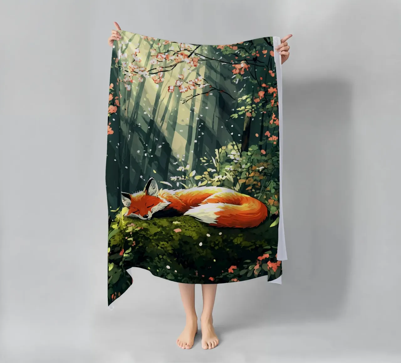 Sleeping fox in the spring forest beach towel by pixelbull - medieval art and more