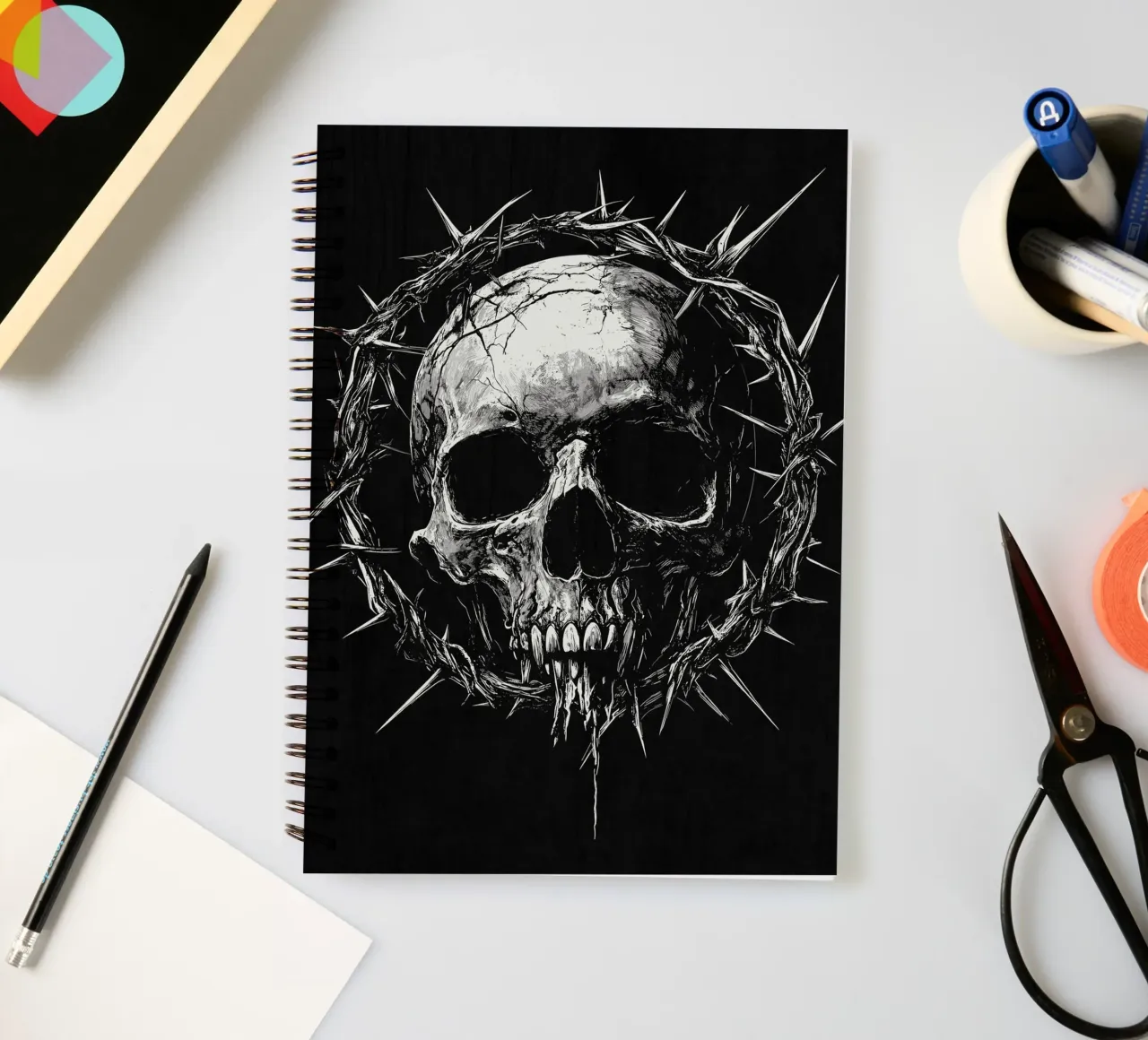 Skull with crown of thorns spiral notebook by pixelbull - medieval art and more