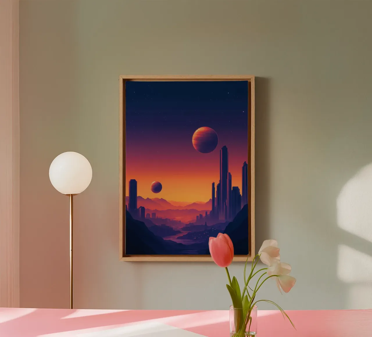 Zonsondergang met twee planeten canvas met Baklijst van pixelbull - medieval art and more