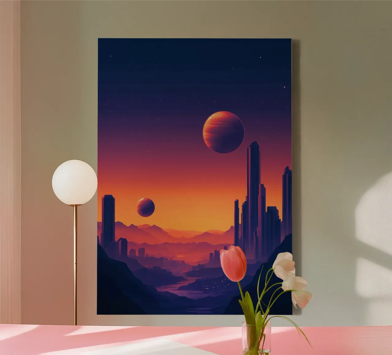 Zonsondergang met twee planeten canvas met Baklijst van pixelbull - medieval art and more