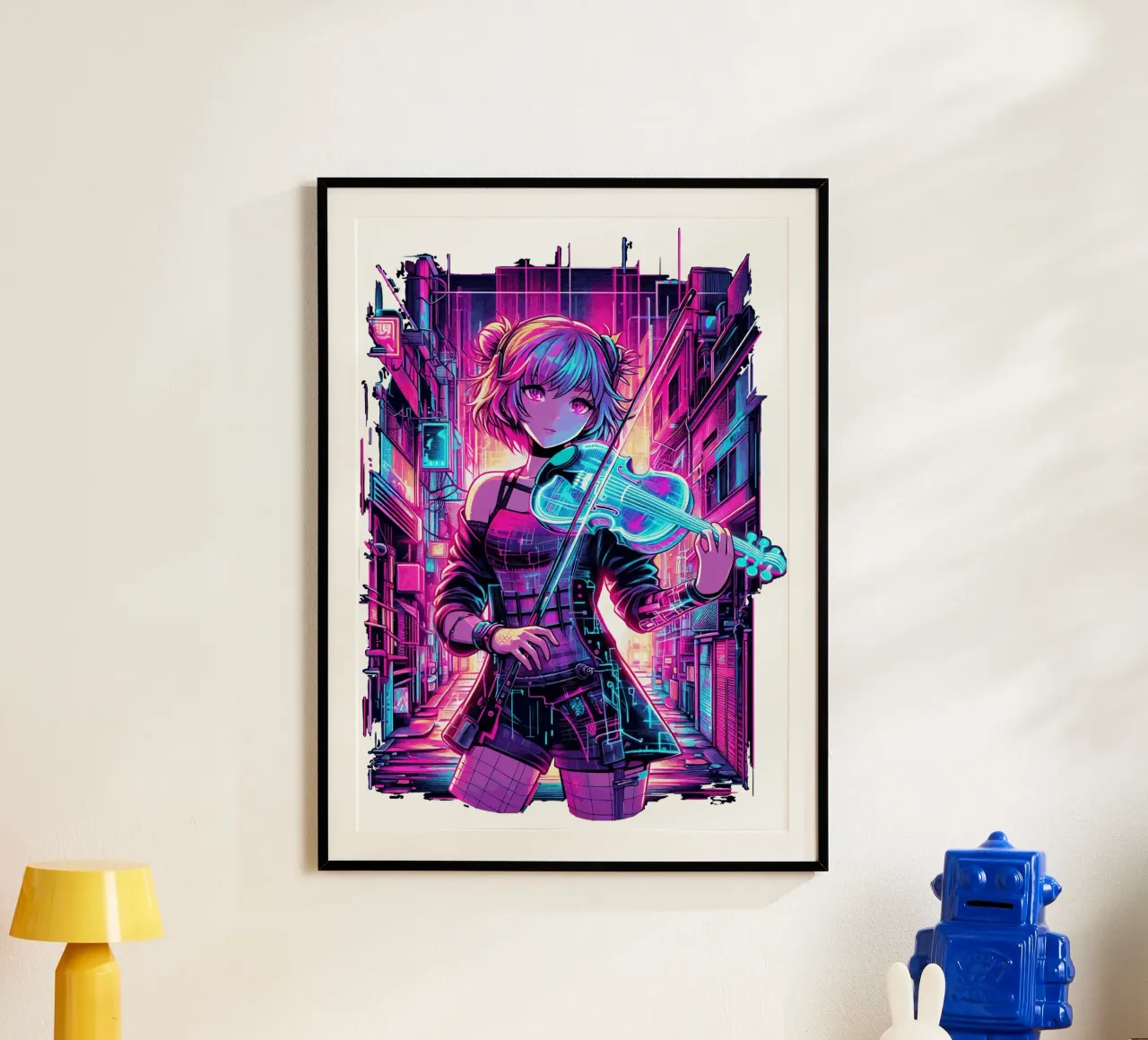 Cyberpunk Violinist Anime Girl - Neon City Music Art poster by artdesign1985