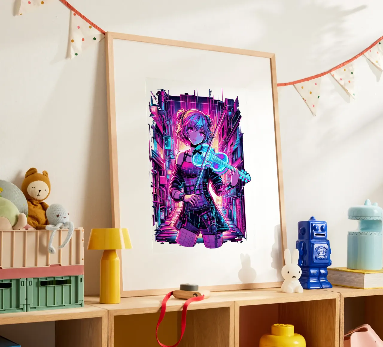 Cyberpunk Violinist Anime Girl - Neon City Music Art poster by artdesign1985