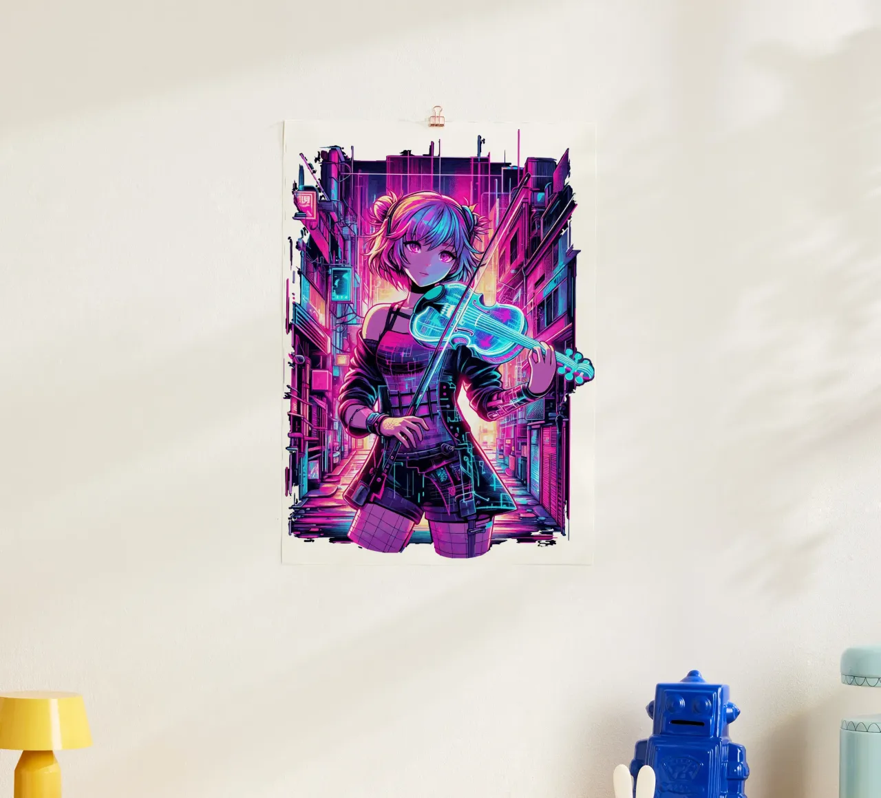 Cyberpunk Violinist Anime Girl - Neon City Music Art poster by artdesign1985