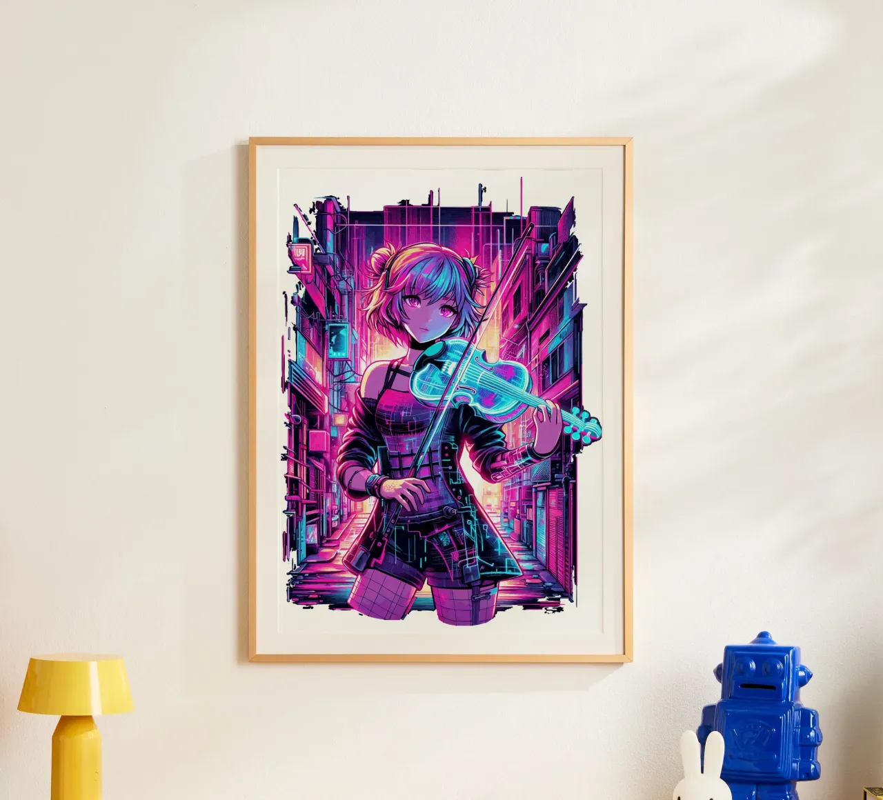Cyberpunk Violinist Anime Girl - Neon City Music Art poster by artdesign1985