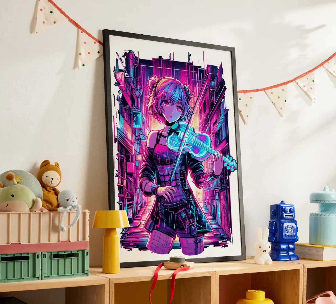 Cyberpunk Violinist Anime Girl - Neon City Music Art poster by artdesign1985