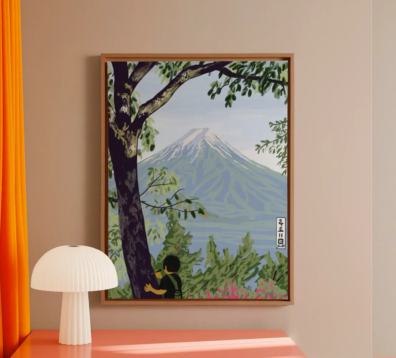 Il monte Fuji e un ragazzo tela con Cornice a cassetta da Asobōze