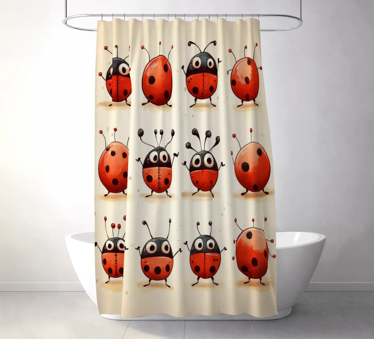 Retro Ladybug Gang shower curtain by Funny Animals