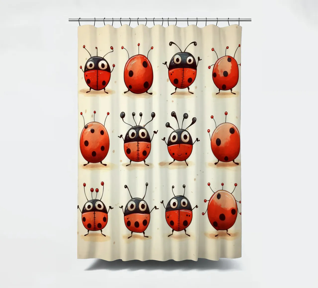 Retro Ladybug Gang shower curtain by Funny Animals