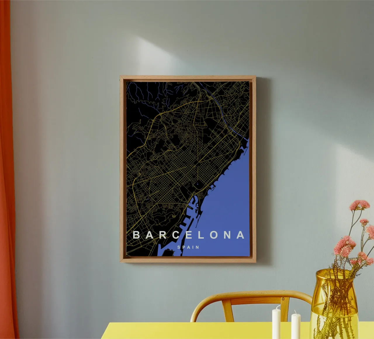 Mappa di Barcellona Spagna in nero e oro tela con Cornice a cassetta da Cartographers Library