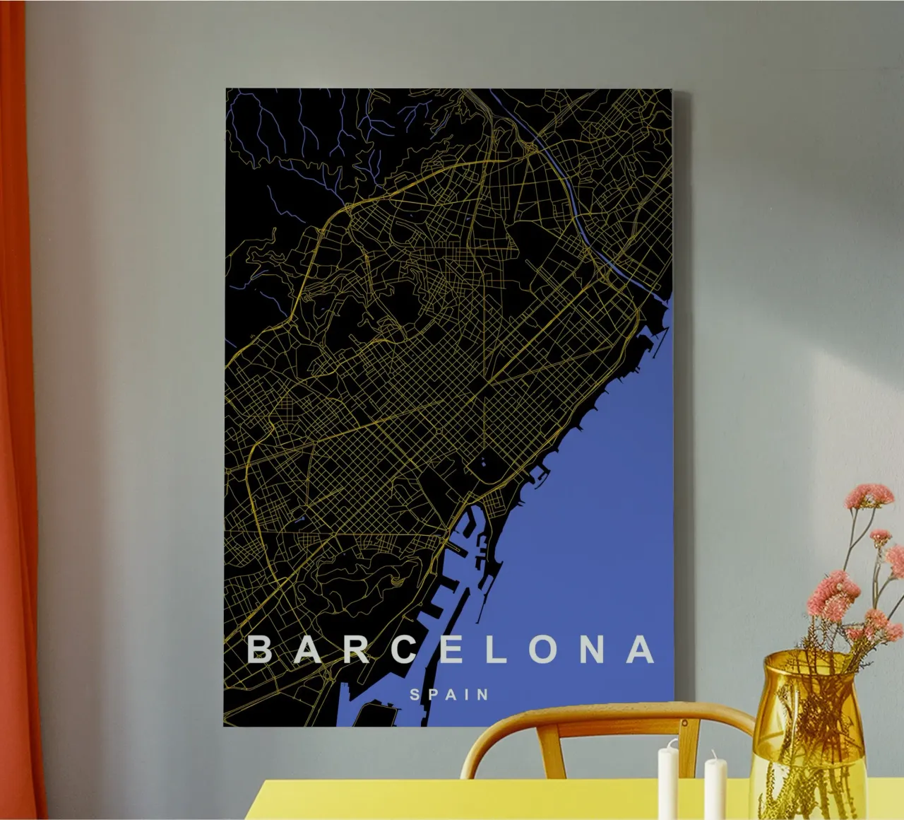 Mappa di Barcellona Spagna in nero e oro tela con Cornice a cassetta da Cartographers Library