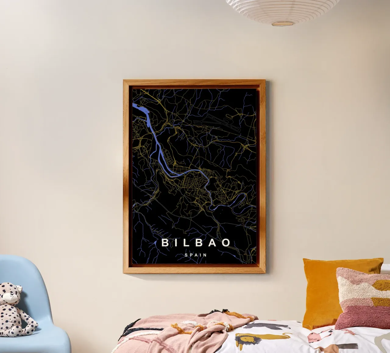 Bilbao Spagna - Mappa della città in nero e oro pannello forex da Cartographers Library