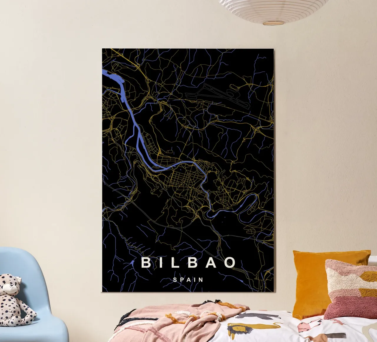 Bilbao Spagna - Mappa della città in nero e oro pannello forex da Cartographers Library
