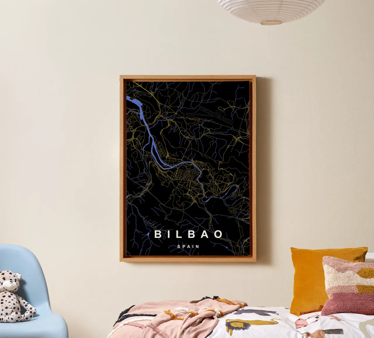 Bilbao Spagna - Mappa della città in nero e oro tela con Cornice a cassetta da Cartographers Library