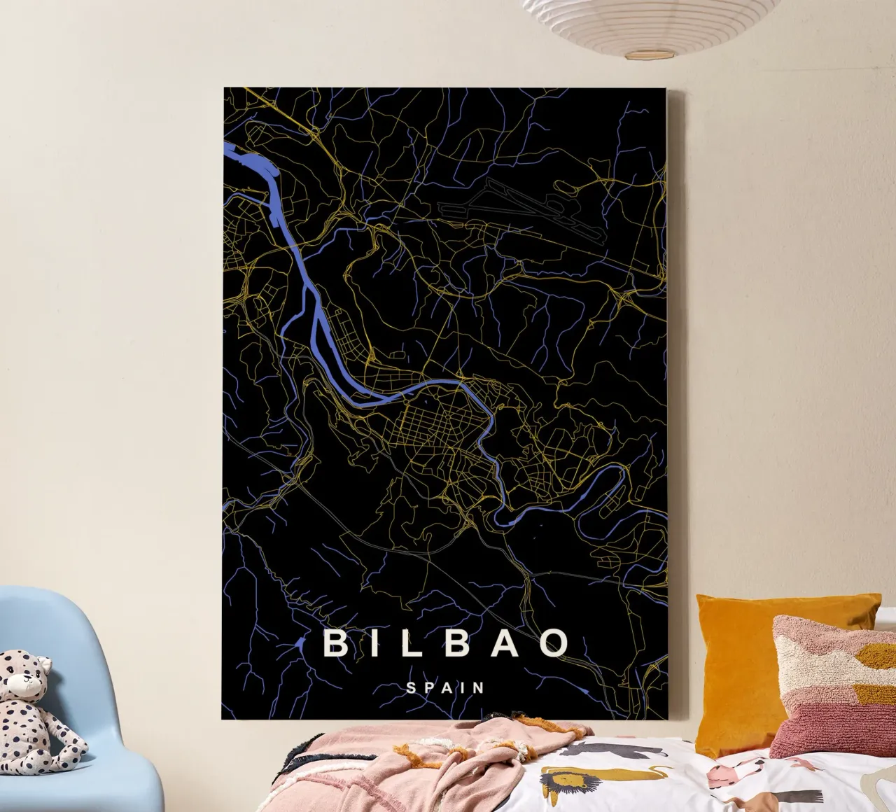 Bilbao Spagna - Mappa della città in nero e oro tela con Cornice a cassetta da Cartographers Library
