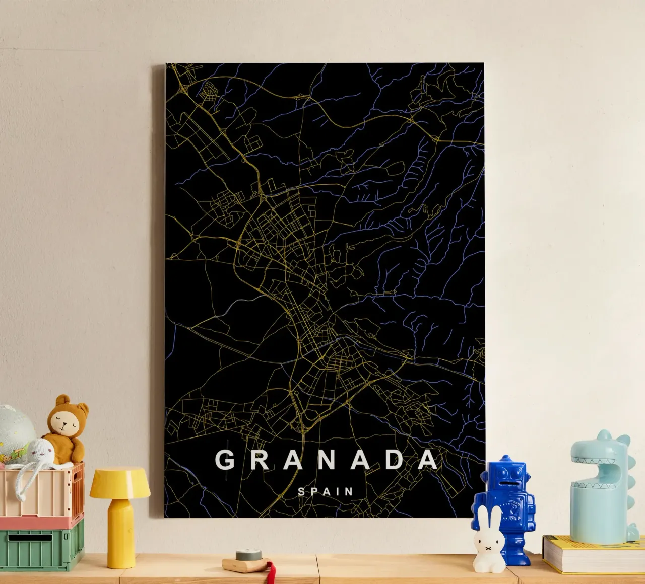 Granada Spagna - Mappa della città in nero e oro tela con Cornice a cassetta da Cartographers Library