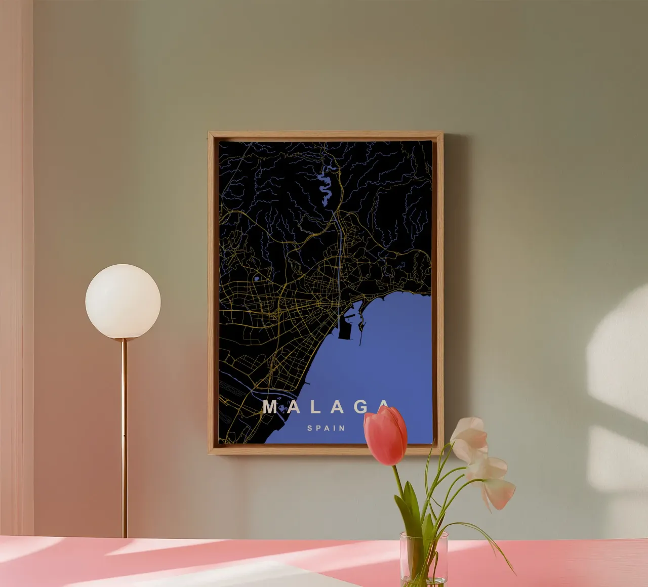 Malaga Spanje Kaart Zwart-Goud canvas met Baklijst van Cartographers Library