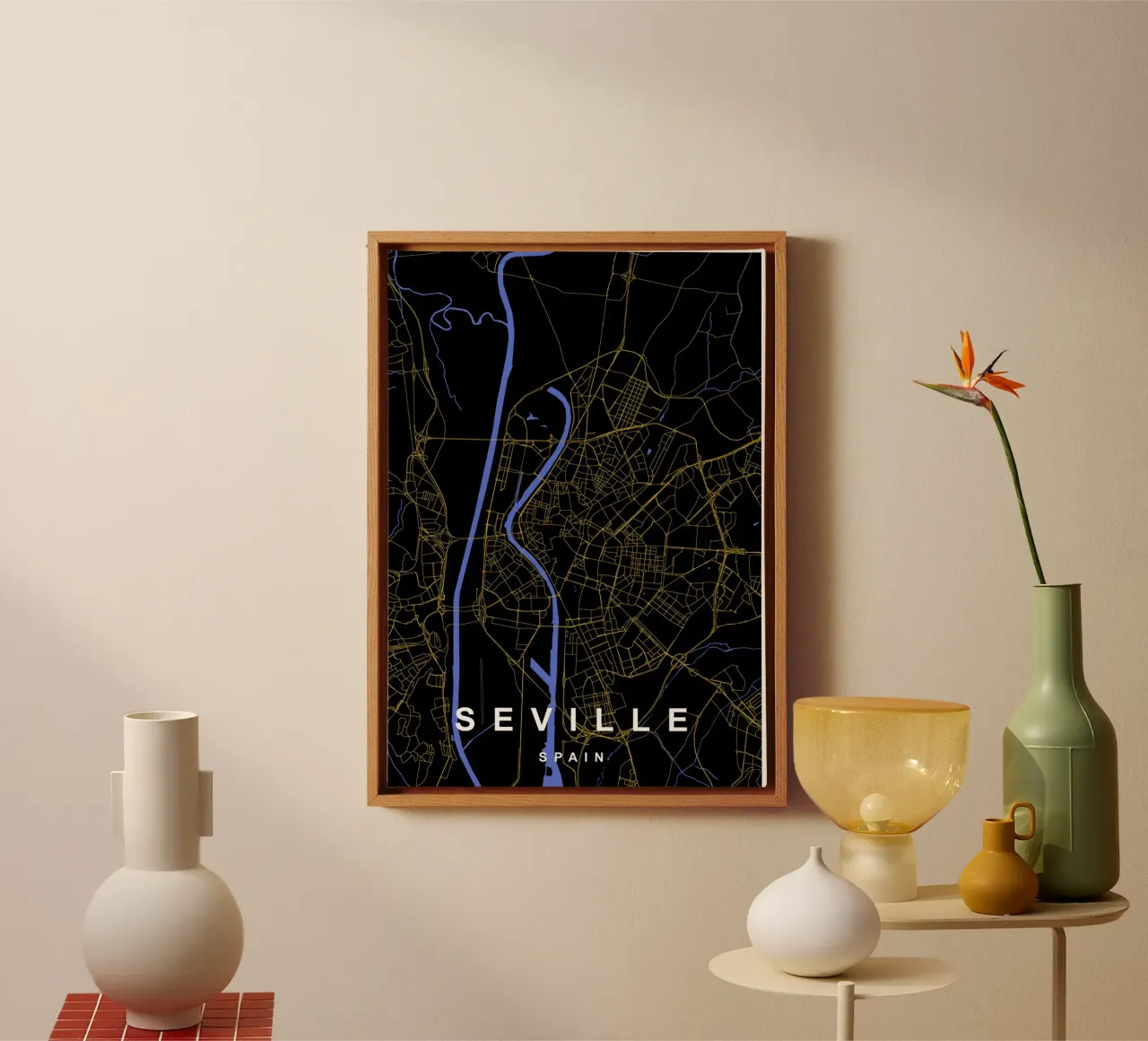 Siviglia Spagna - Mappa della città in nero e oro tela con Cornice a cassetta da Cartographers Library