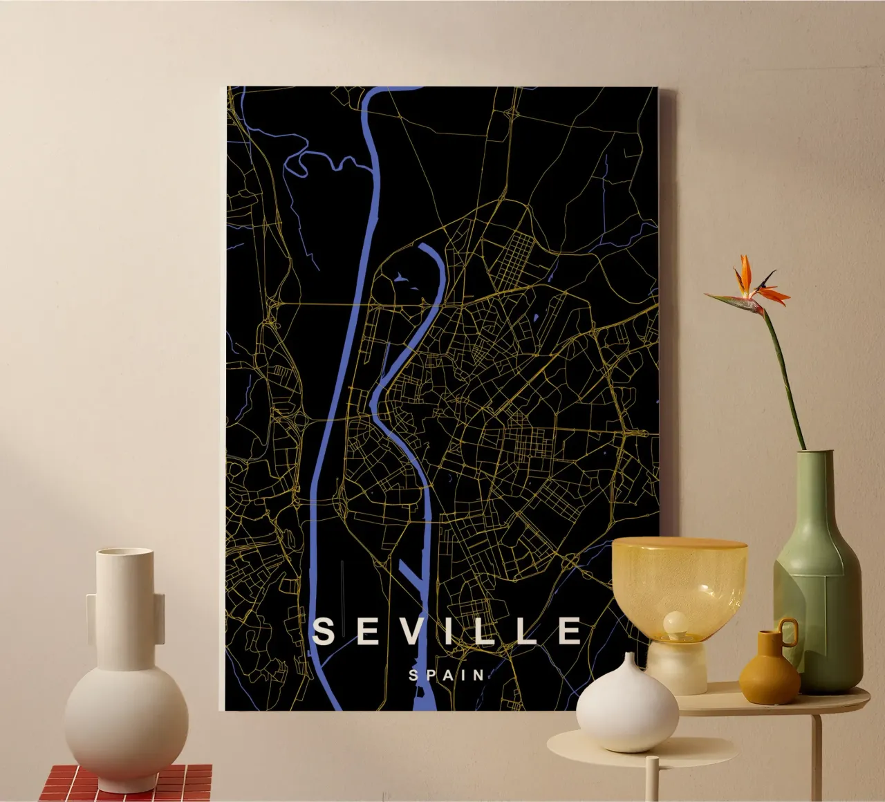 Siviglia Spagna - Mappa della città in nero e oro tela con Cornice a cassetta da Cartographers Library