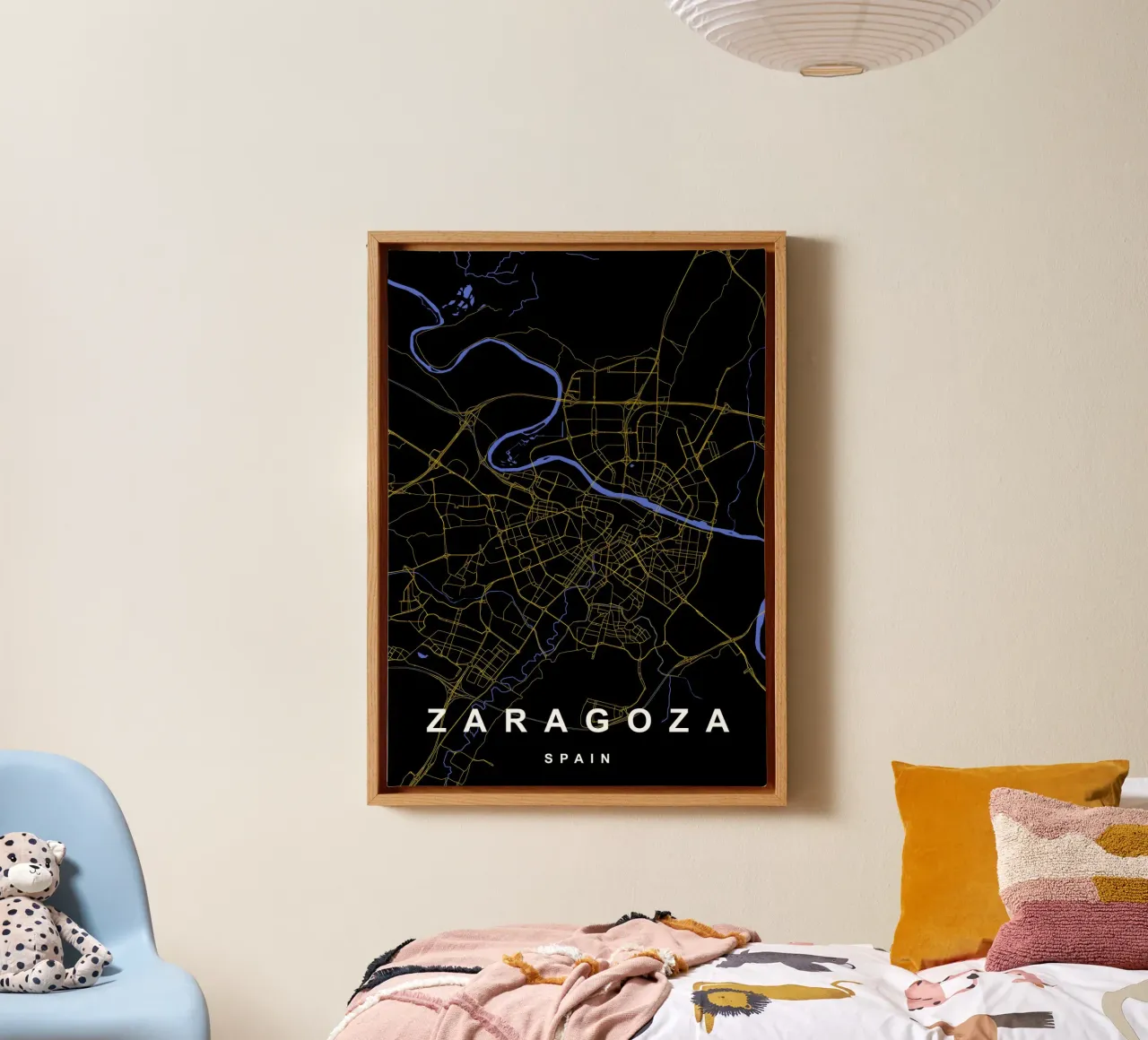 Saragozza Spagna - Mappa della città in nero e oro tela con Cornice a cassetta da Cartographers Library