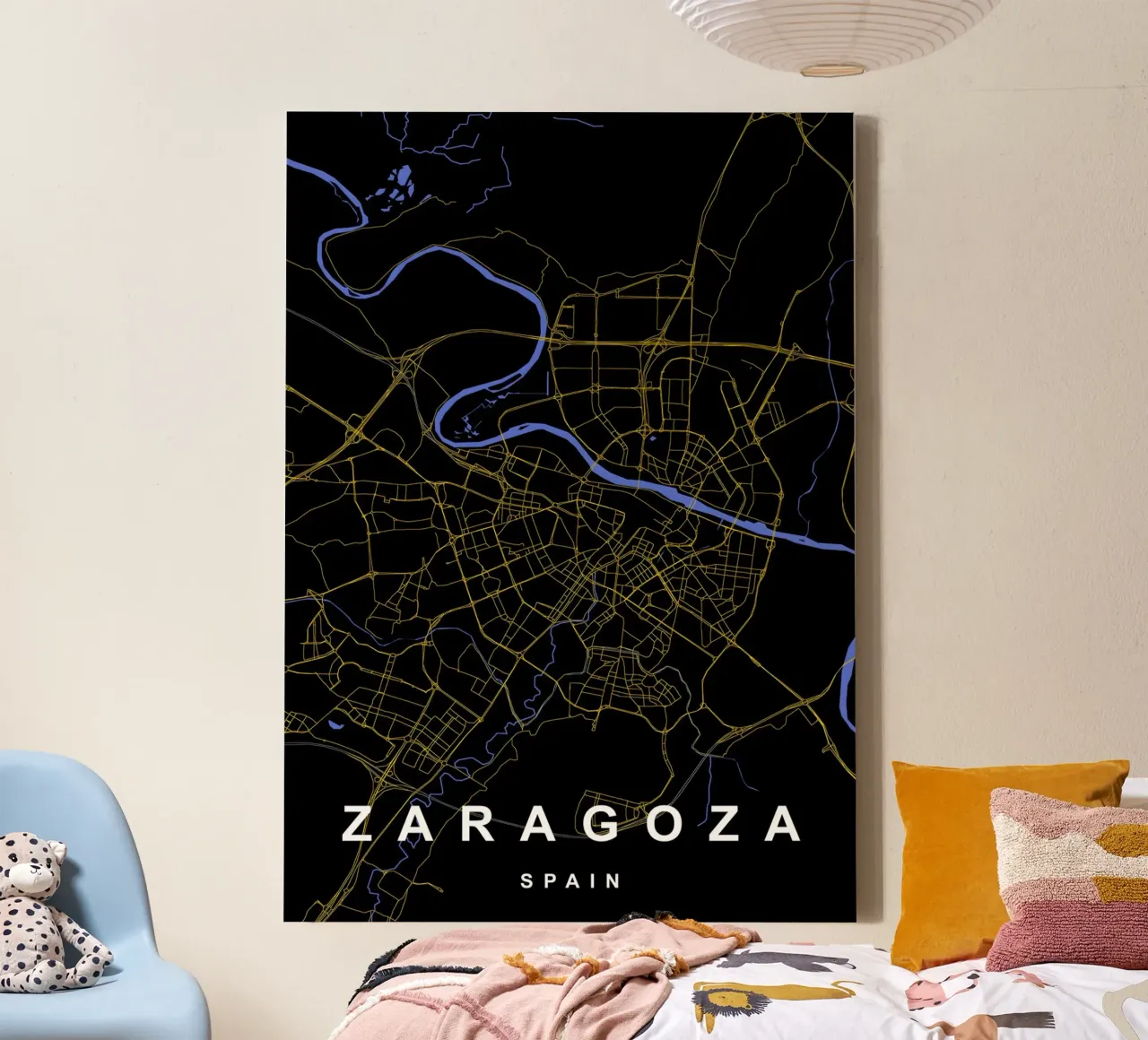 Saragozza Spagna - Mappa della città in nero e oro tela con Cornice a cassetta da Cartographers Library