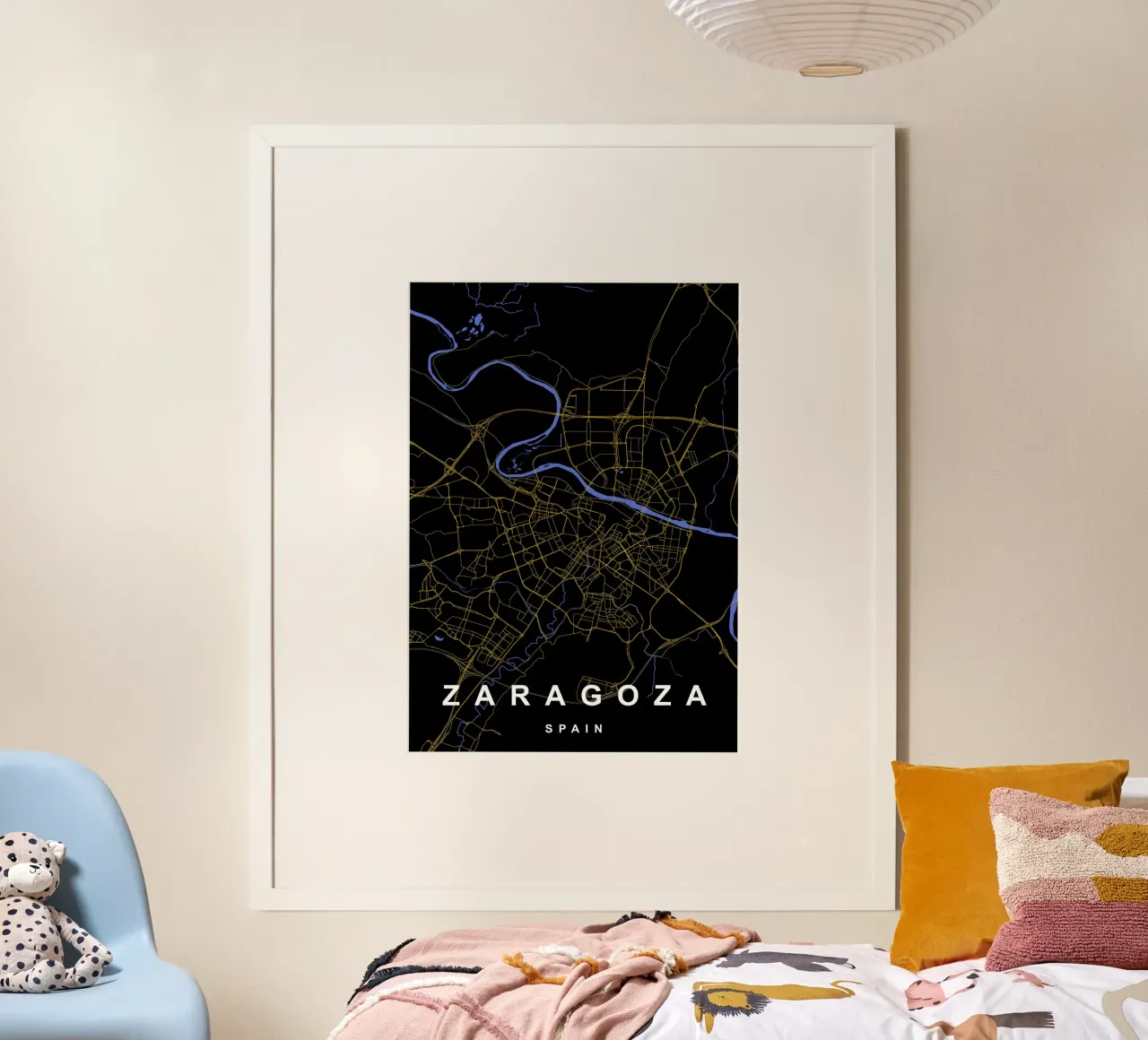 Saragozza Spagna - Mappa della città in nero e oro poster con telaio in alluminio da Cartographers Library