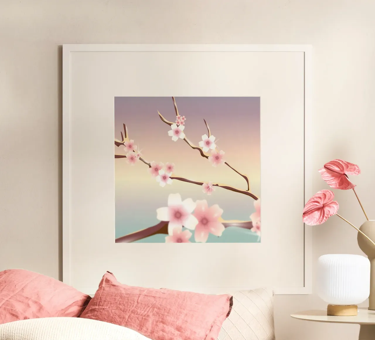 Cherry blossom branches - Delicate spring motif in pastel colours poster with plastic frame by namosh