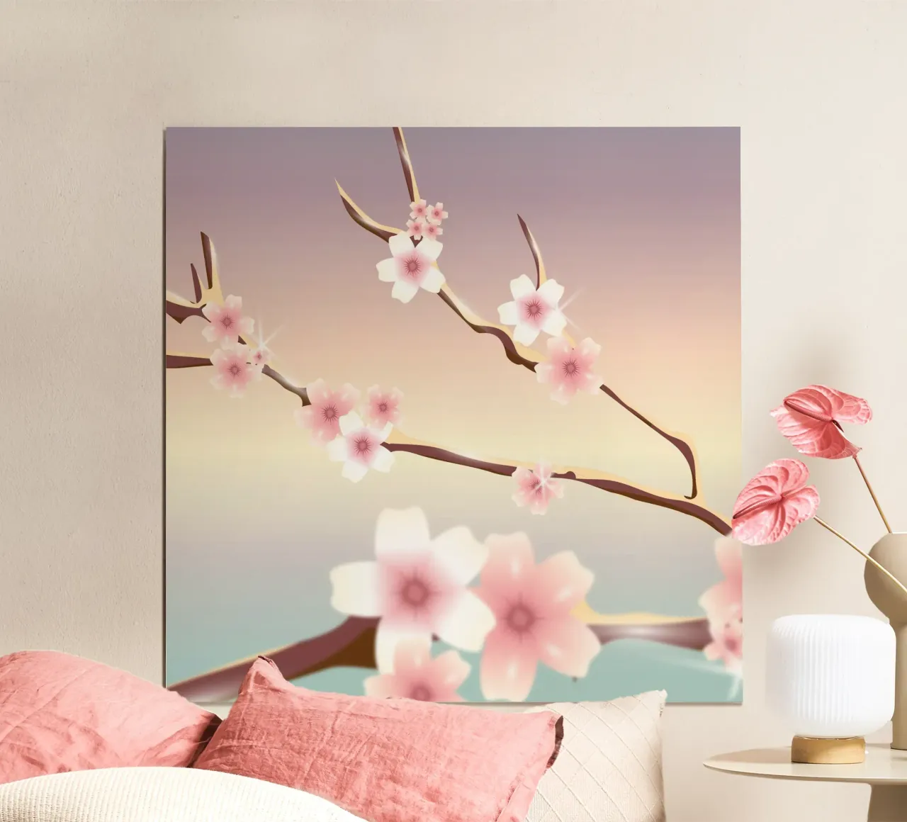 Cherry blossom branches - Delicate spring motif in pastel colours poster with plastic frame by namosh