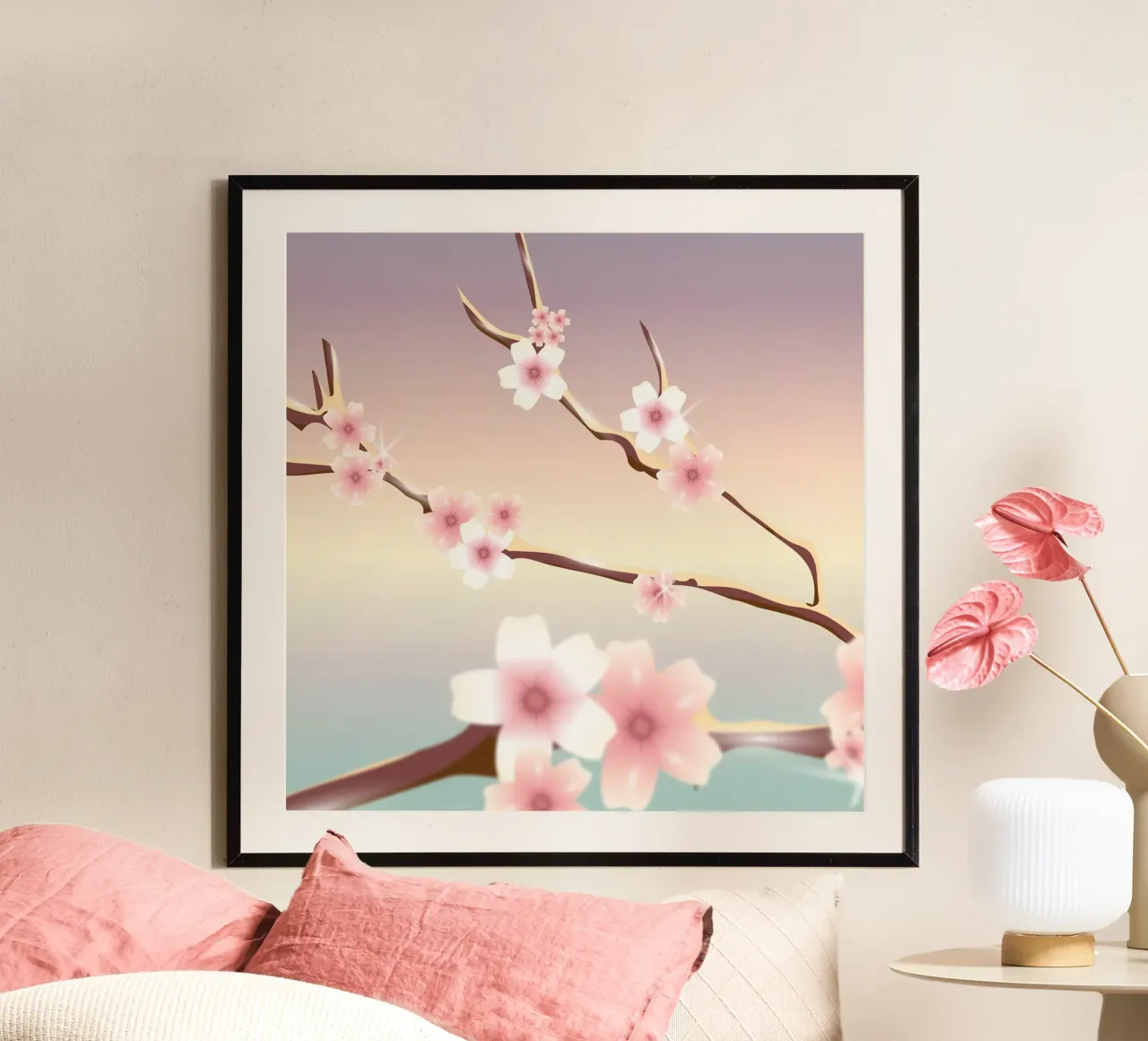Cherry blossom branches - Delicate spring motif in pastel colours poster with plastic frame by namosh