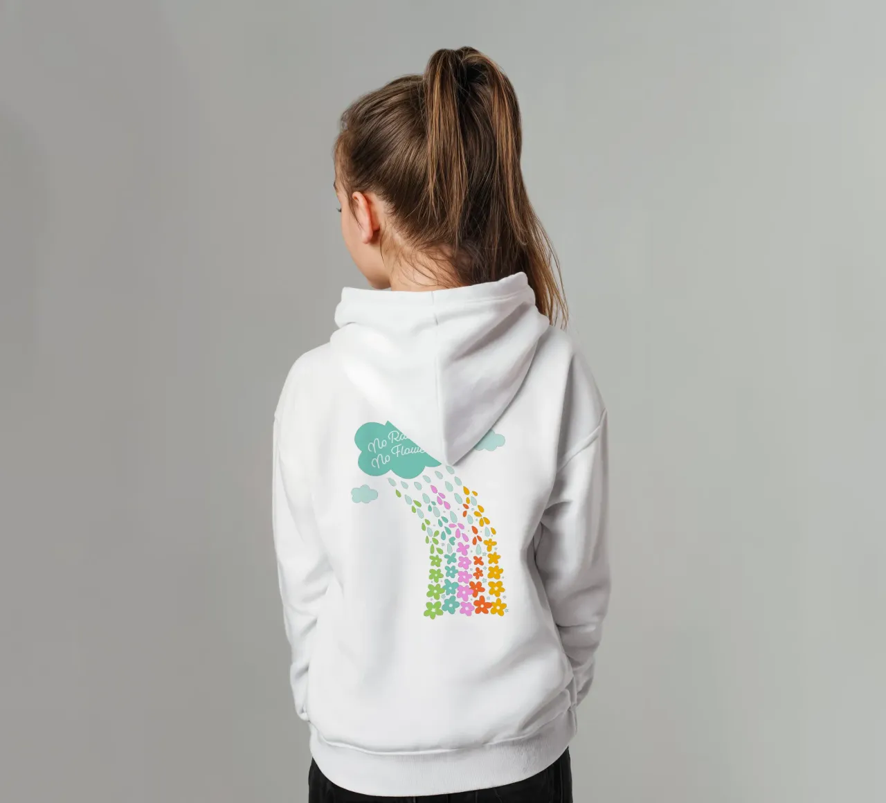 Si no llueve, no hay flores - Impresión artística infantil positiva con flores del arco iris sudadera con capucha para niño de Dominique Vari