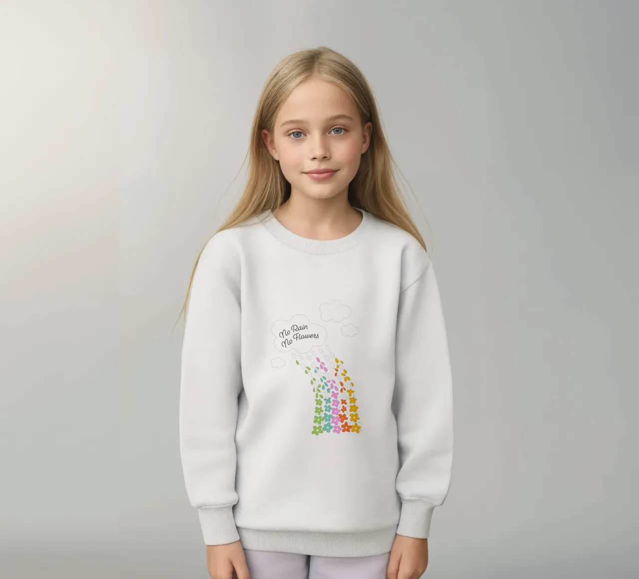 Si no llueve, no hay flores - Impresión artística infantil positiva con flores del arco iris sudadera para niño de Dominique Vari