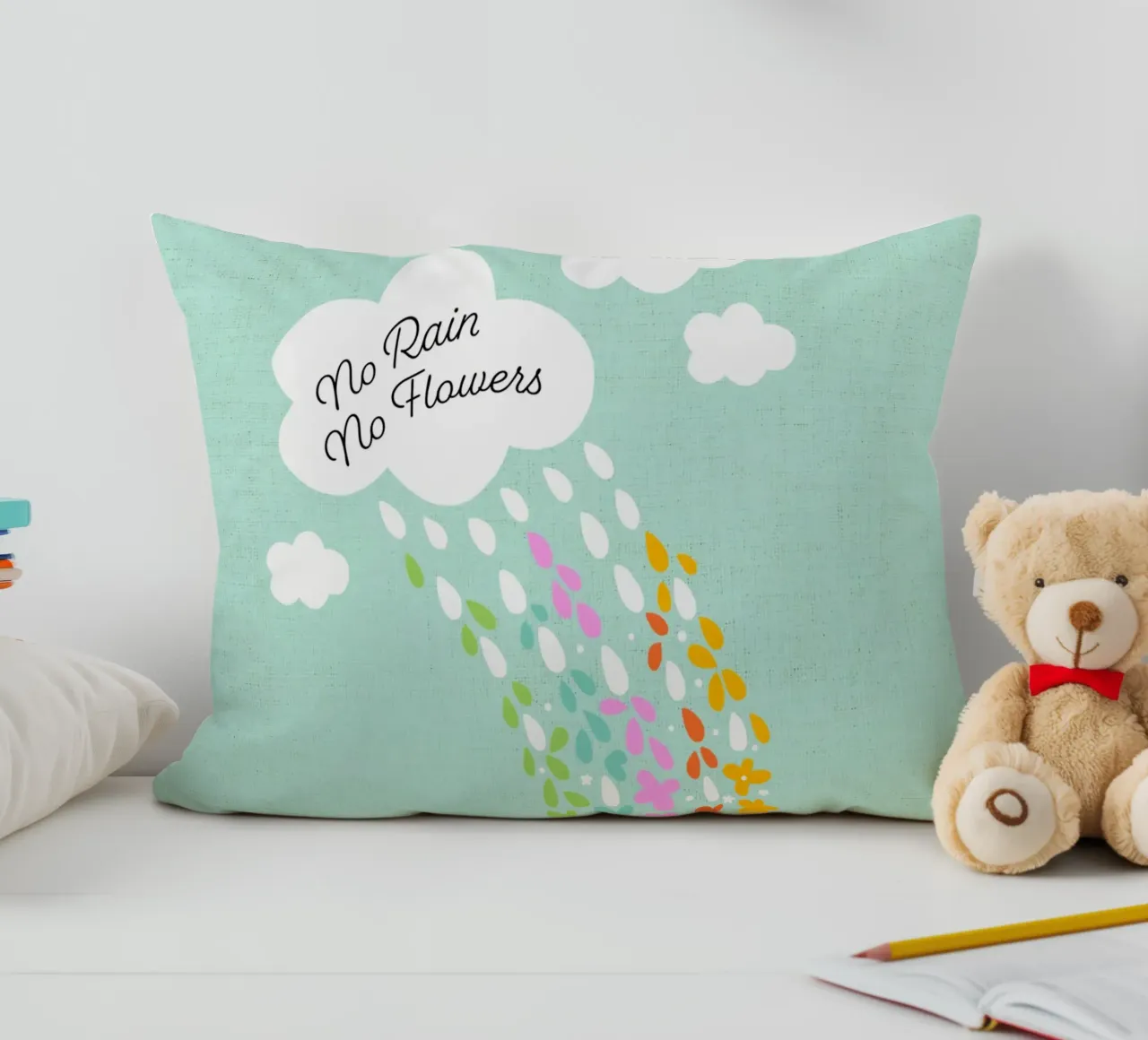 Si no llueve, no hay flores - Impresión artística infantil positiva con flores del arco iris cojín de Dominique Vari