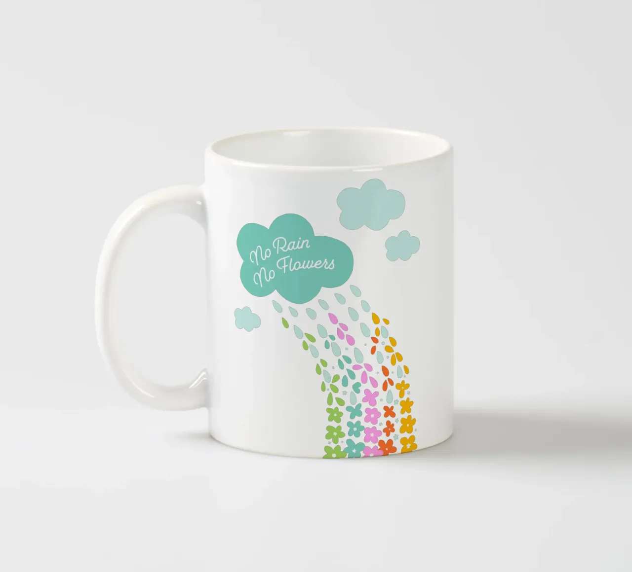 Si no llueve, no hay flores - Impresión artística infantil positiva con flores del arco iris taza de cerámica de Dominique Vari