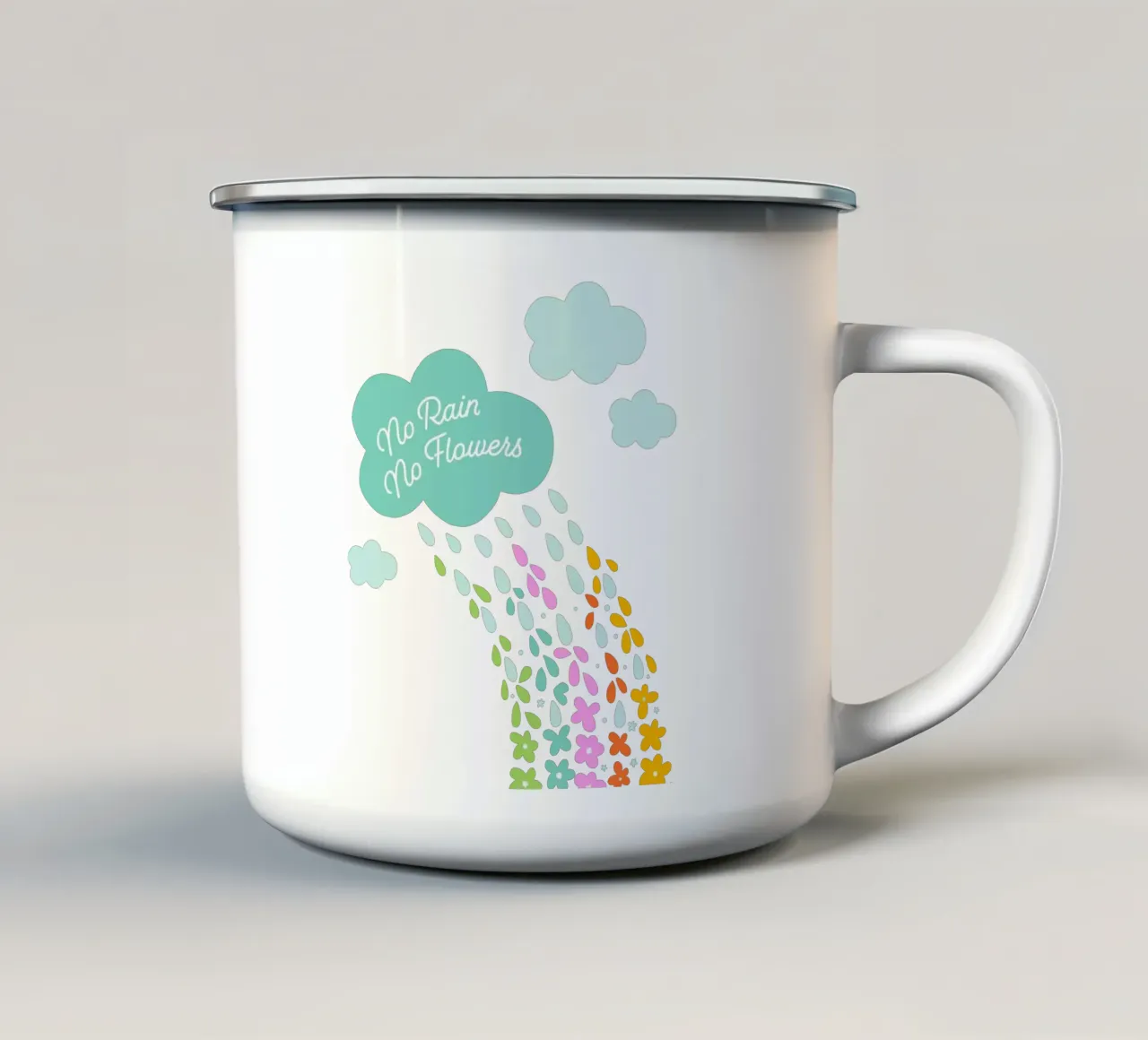 Niente pioggia, niente fiori - Stampa d'arte floreale per bambini con arcobaleno positivo tazza in smalto da Dominique Vari