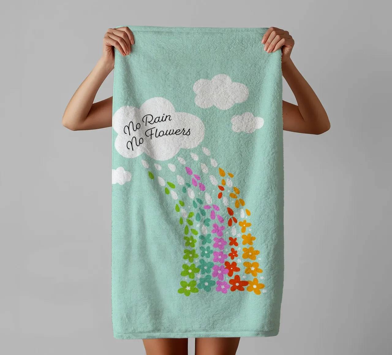 Si no llueve, no hay flores - Impresión artística infantil positiva con flores del arco iris toalla de baño de Dominique Vari