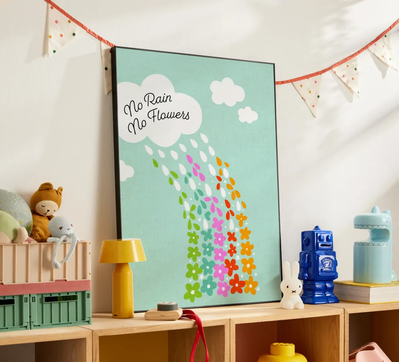 Si no llueve, no hay flores - Impresión artística infantil positiva con flores del arco iris aluminio dibond de Dominique Vari