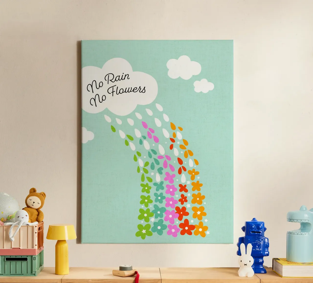 Si no llueve, no hay flores - Impresión artística infantil positiva con flores del arco iris lienzo de Dominique Vari