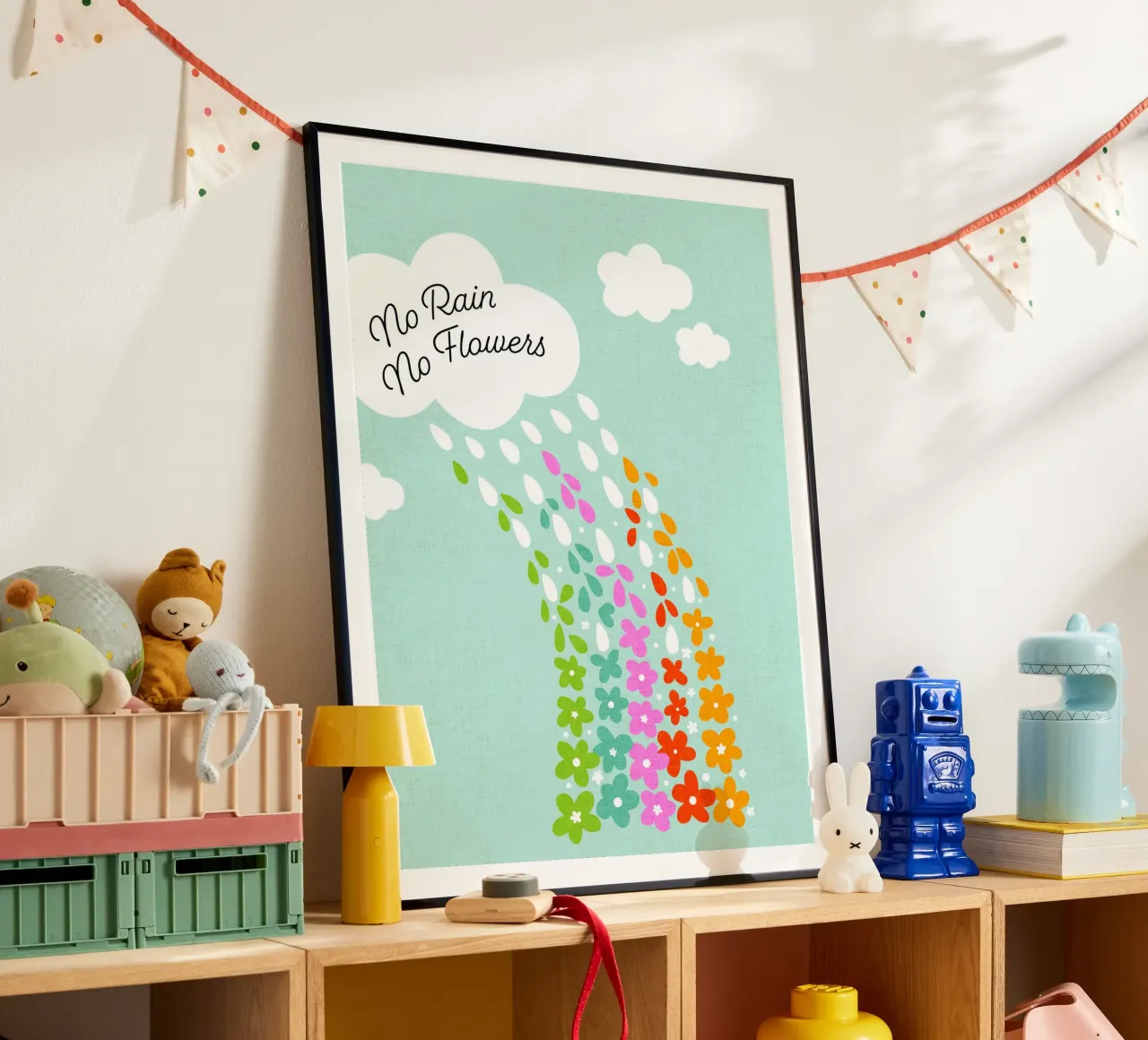 Si no llueve, no hay flores - Impresión artística infantil positiva con flores del arco iris hahnemühle de Dominique Vari