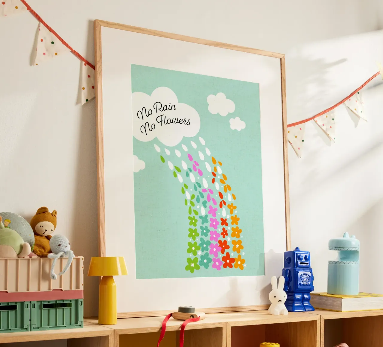 Si no llueve, no hay flores - Impresión artística infantil positiva con flores del arco iris hahnemühle de Dominique Vari