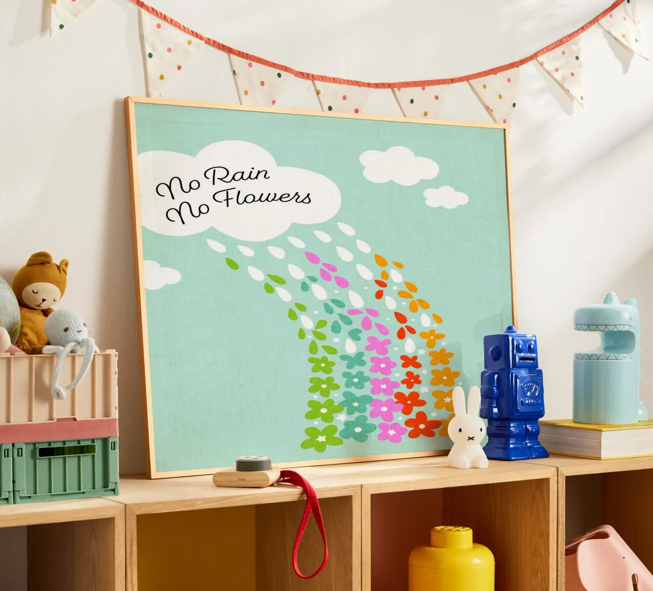 Si no llueve, no hay flores - Impresión artística infantil positiva con flores del arco iris hahnemühle de Dominique Vari