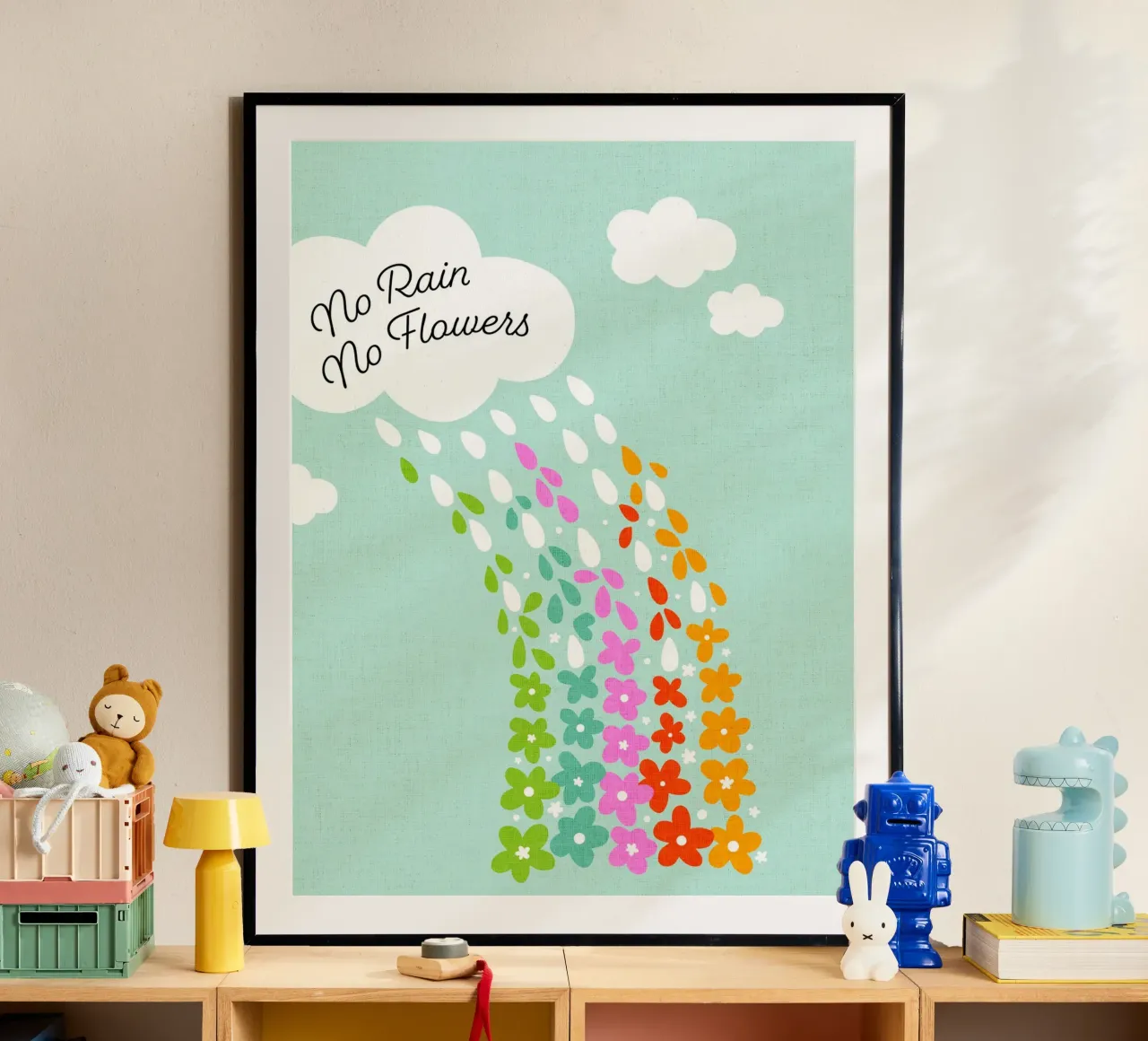 Si no llueve, no hay flores - Impresión artística infantil positiva con flores del arco iris hahnemühle de Dominique Vari