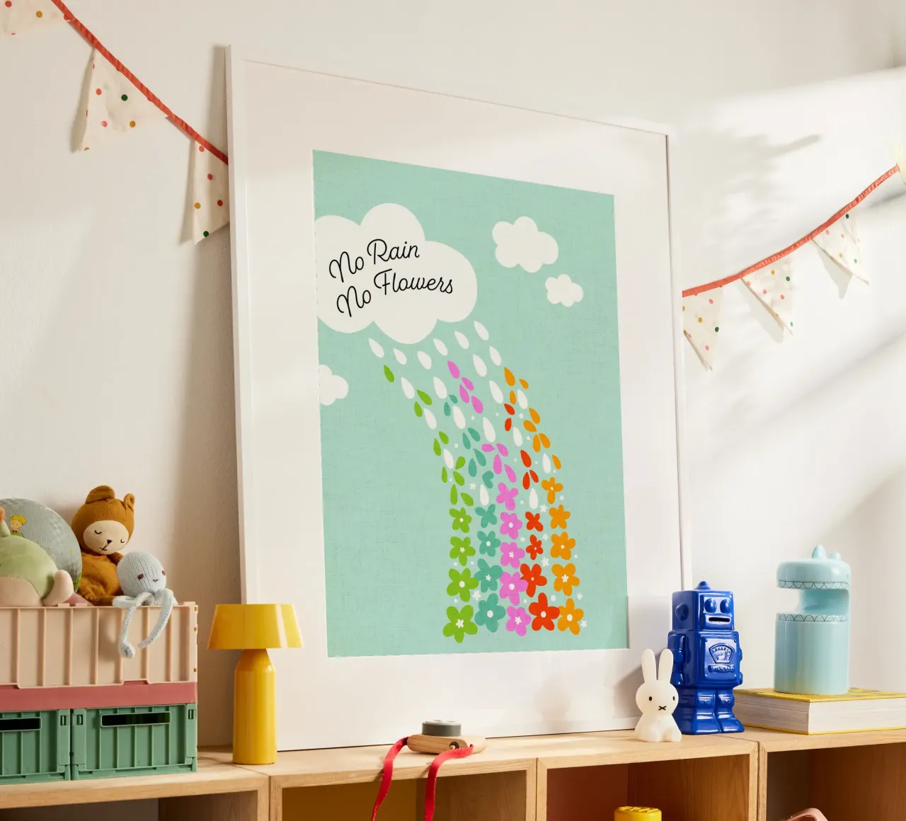 Si no llueve, no hay flores - Impresión artística infantil positiva con flores del arco iris hahnemühle de Dominique Vari