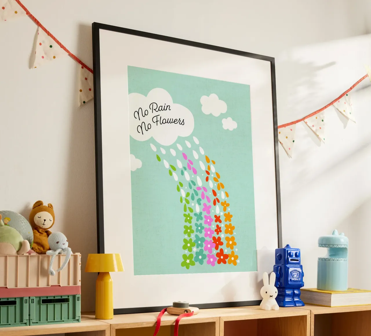 Si no llueve, no hay flores - Impresión artística infantil positiva con flores del arco iris hahnemühle de Dominique Vari