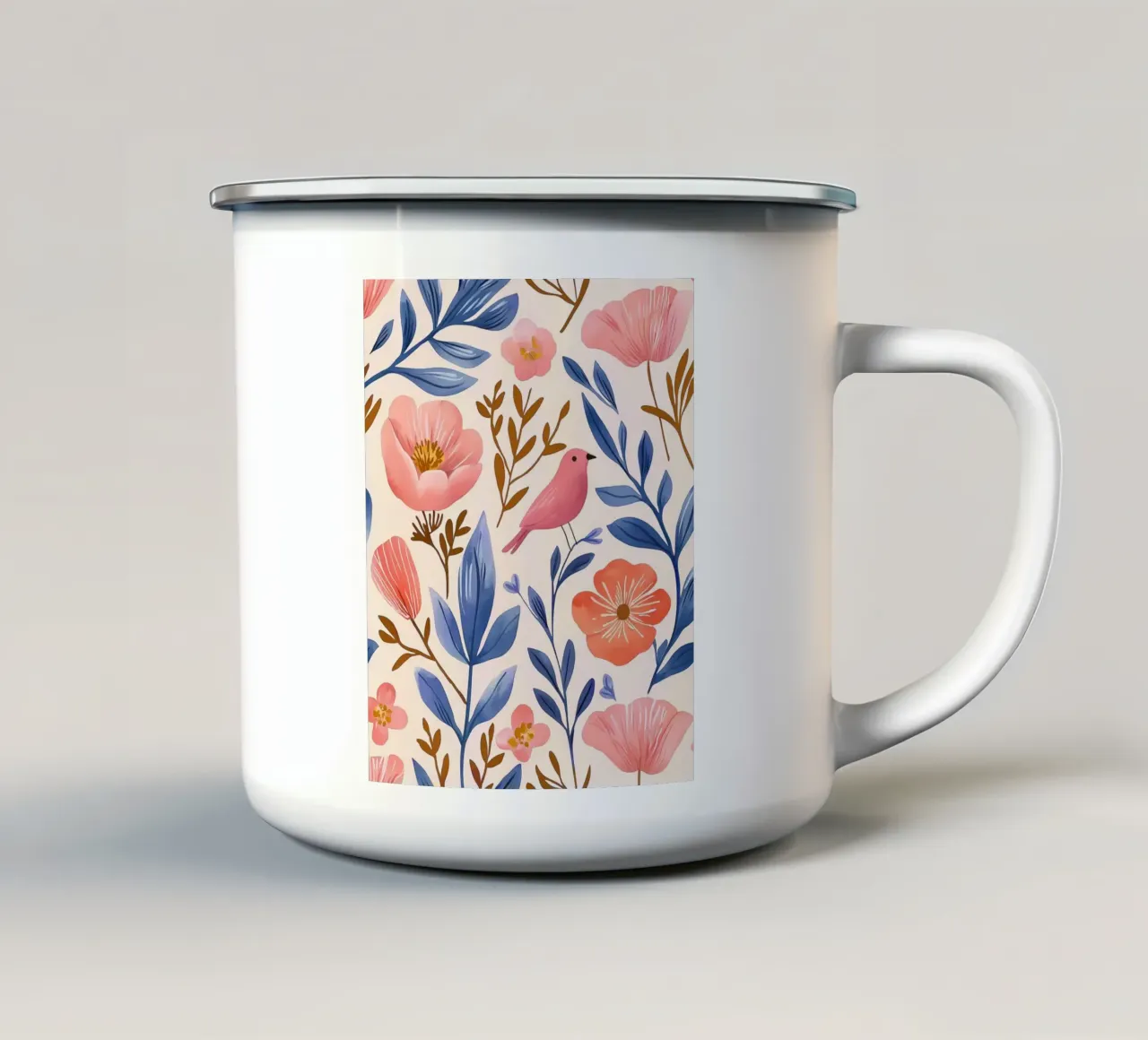 Vintage Botanical Pink Bird Blue Leaves Whimsical Poppy Art tazza in smalto da Gentle Echoes Art