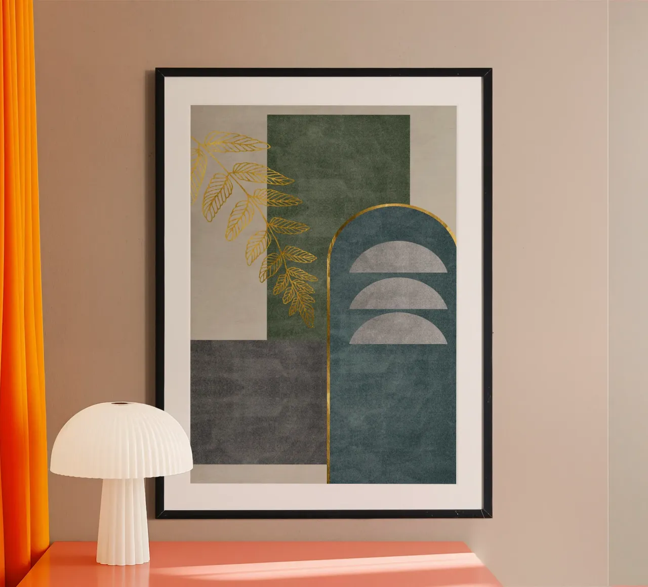 golden leafy branch poster con telaio in alluminio da ramosashop