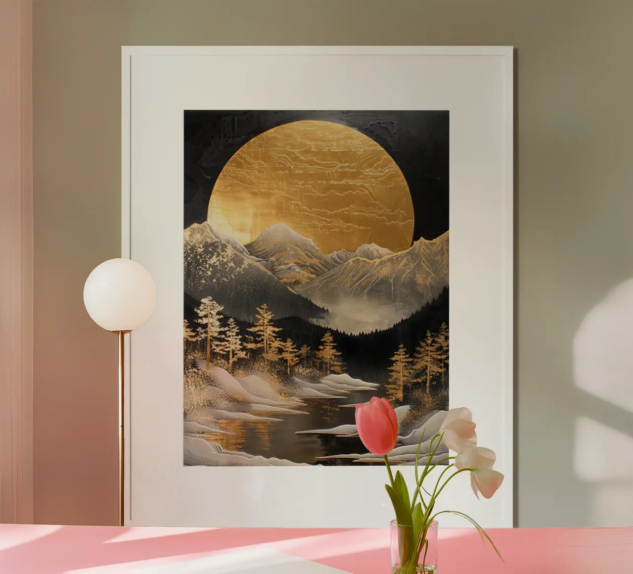 Mountains Forest Moon Landscape Golden poster con telaio in legno da Mateo