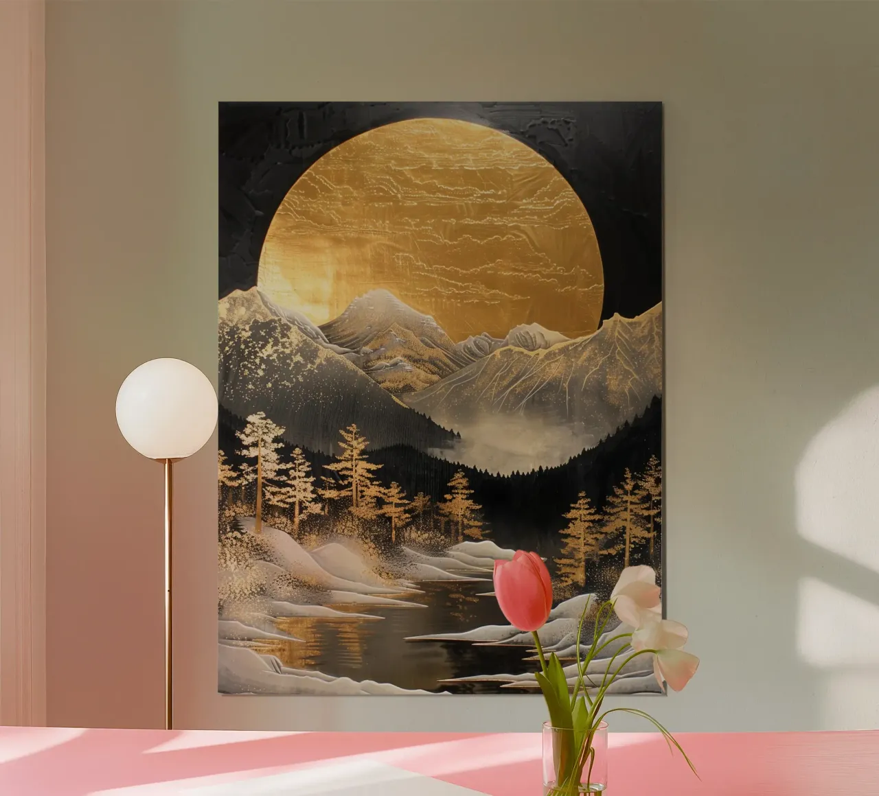 Mountains Forest Moon Landscape Golden poster con telaio in legno da Mateo